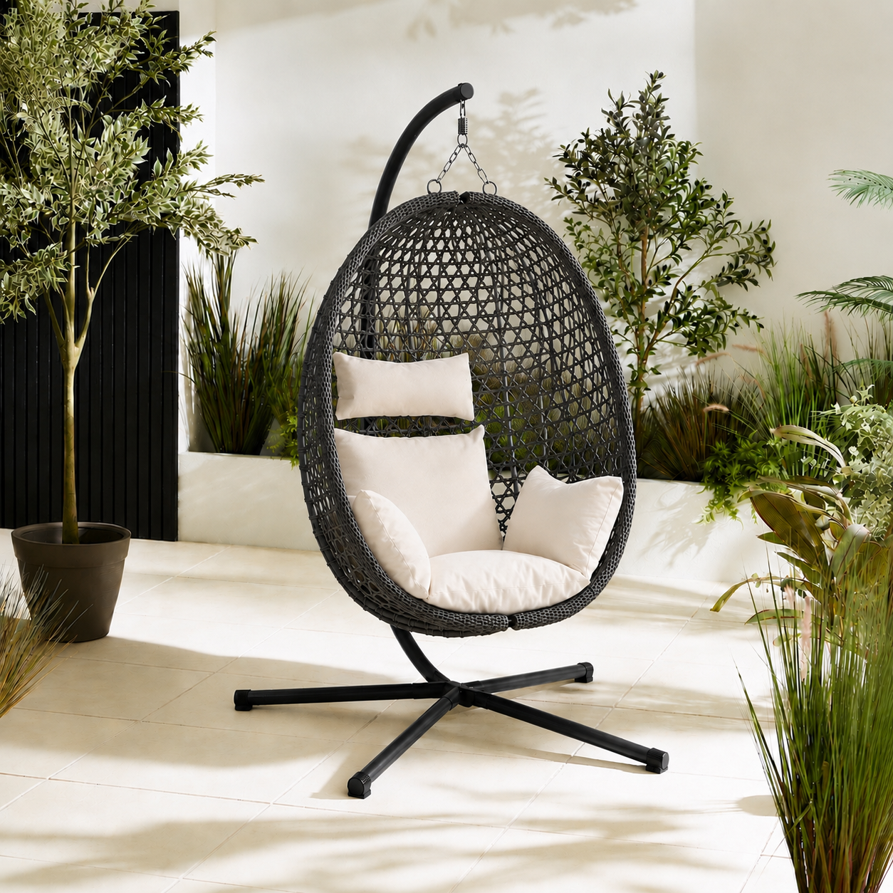 Egg Chair with Stand – Premium Black Rattan Outdoor Hanging Garden Chair