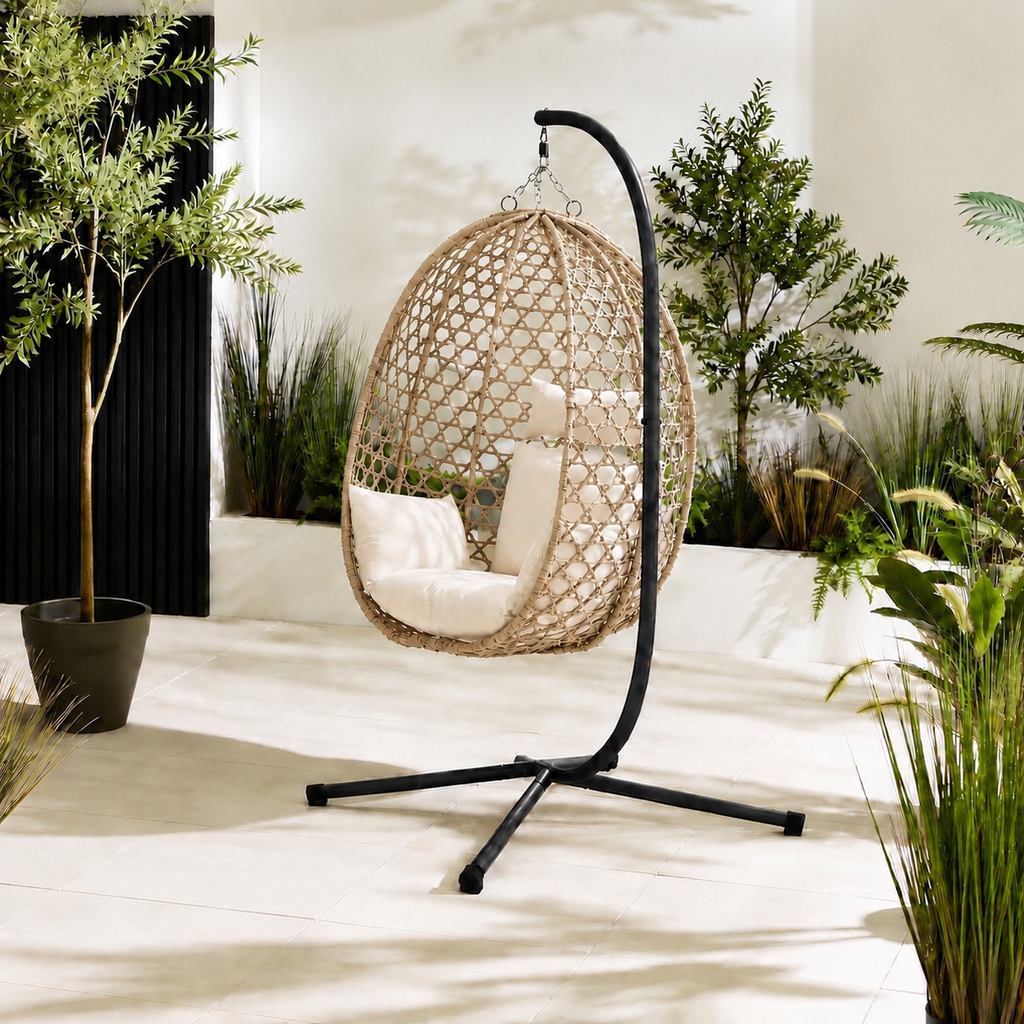 Egg Chair with Stand – Premium Beige Rattan Outdoor Hanging Garden Chair
