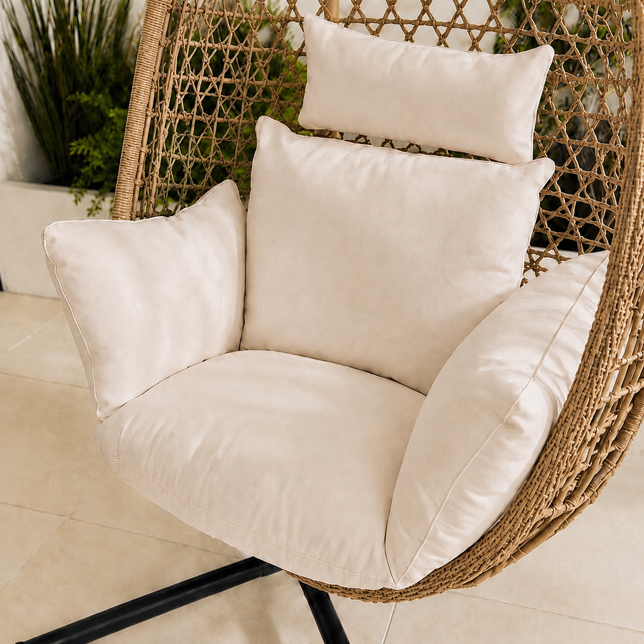 Egg Chair with Stand – Premium Beige Rattan Outdoor Hanging Garden Chair