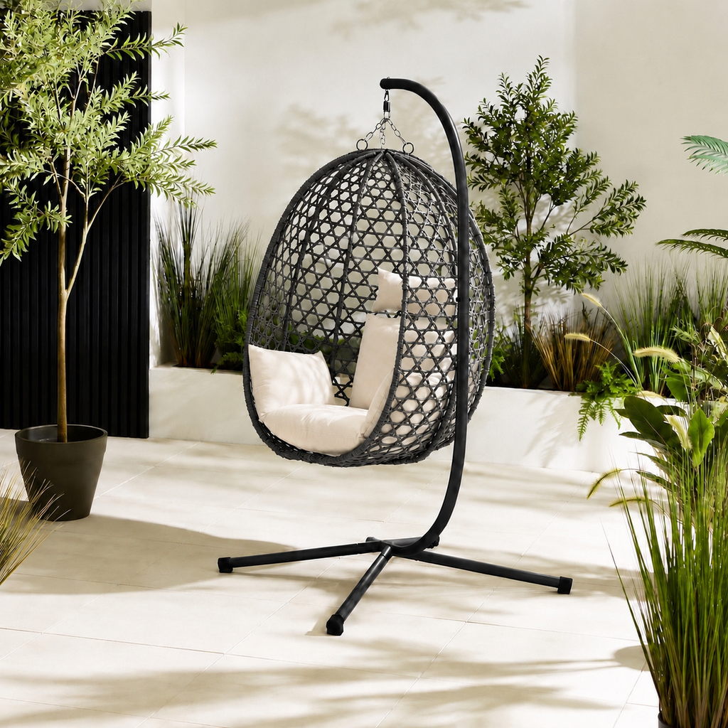 Egg Chair with Stand – Premium Grey Rattan Outdoor Hanging Garden Chair