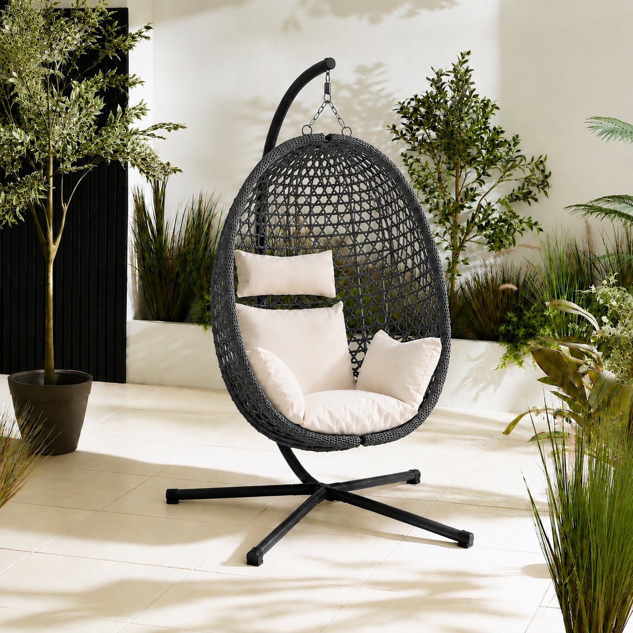 Egg Chair with Stand – Premium Grey Rattan Outdoor Hanging Garden Chair