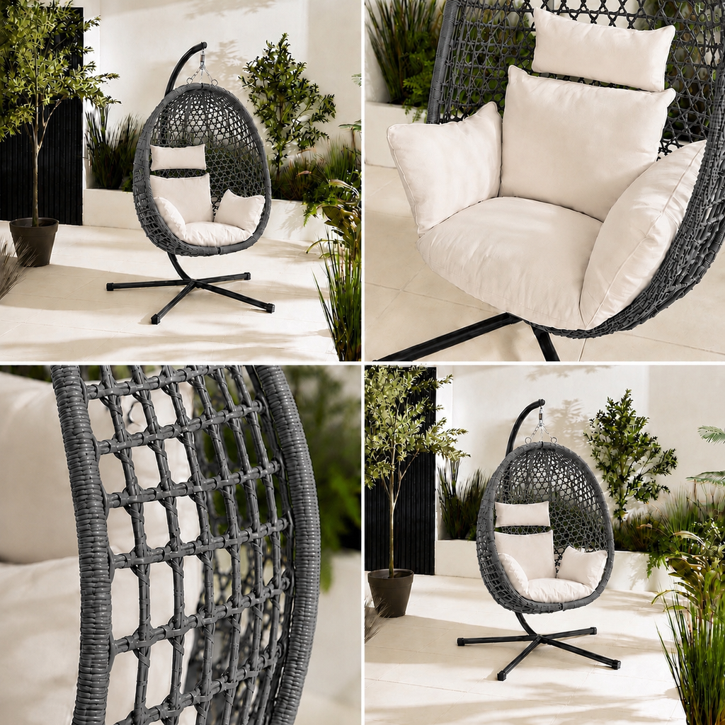 Egg Chair with Stand – Premium Grey Rattan Outdoor Hanging Garden Chair