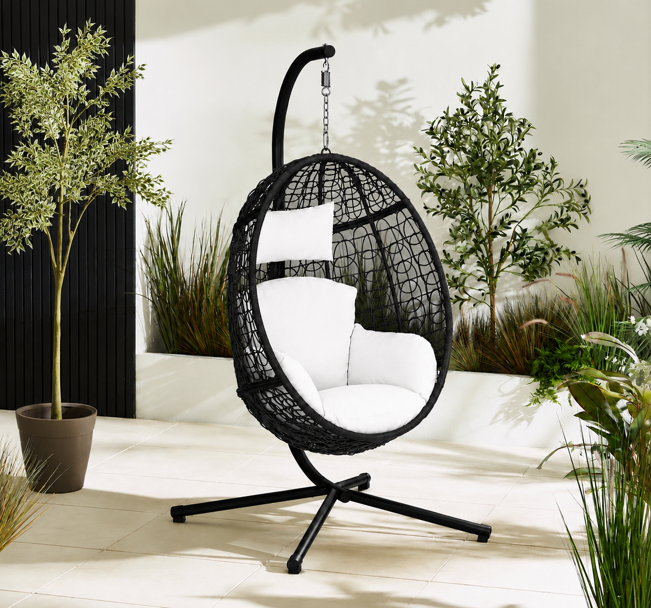 Egg Chair with Stand – Premium Open Weave Rattan Outdoor Hanging Garden Chair Black