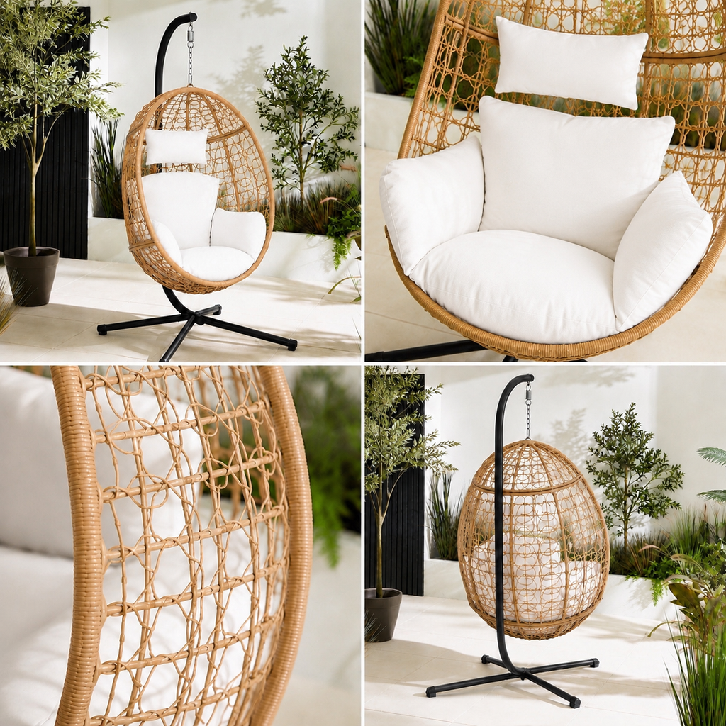 Egg Chair with Stand – Premium Open Weave Rattan Outdoor Hanging Garden Chair Beige