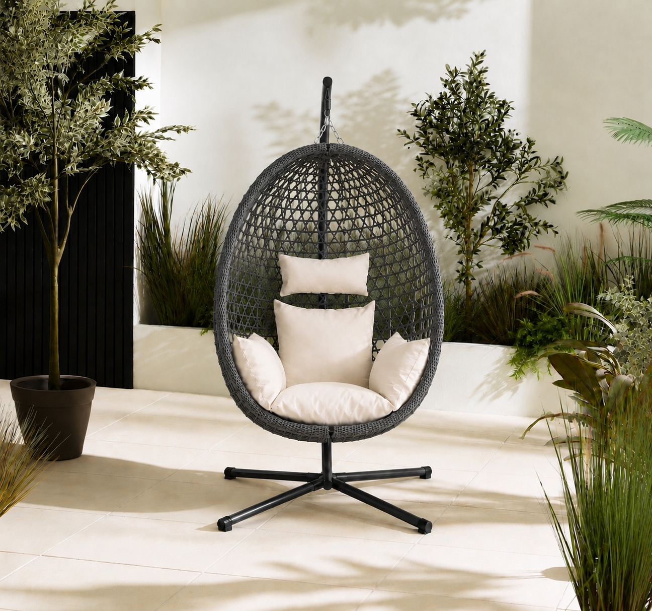 Egg Chair with Stand – Premium Grey Rattan Outdoor Hanging Garden Chair