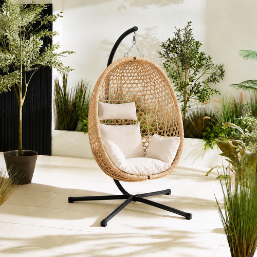 Egg Chair with Stand – Premium Beige Rattan Outdoor Hanging Garden Chair