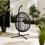 Egg Chair with Stand – Premium Open Weave Rattan Outdoor Hanging Garden Chair Black