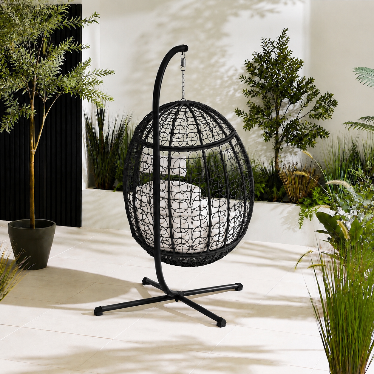 Egg Chair with Stand – Premium Open Weave Rattan Outdoor Hanging Garden Chair Black
