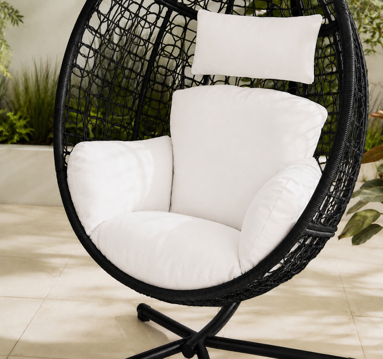 Egg Chair with Stand – Premium Open Weave Rattan Outdoor Hanging Garden Chair Black