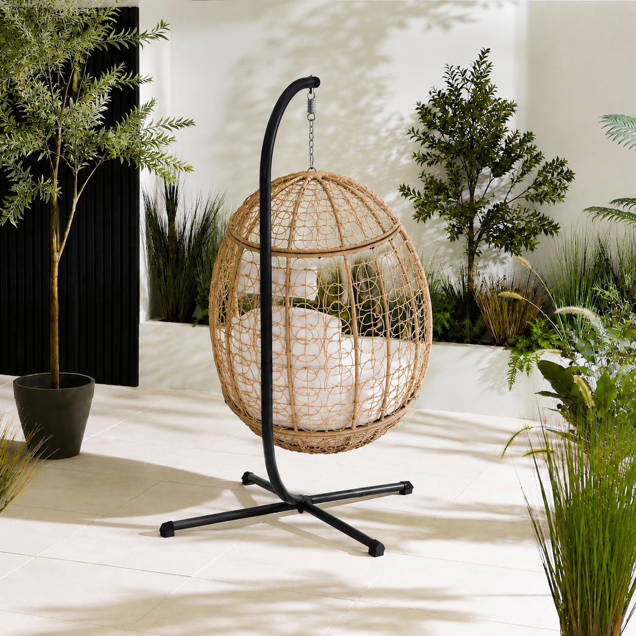 Egg Chair with Stand – Premium Open Weave Rattan Outdoor Hanging Garden Chair Beige