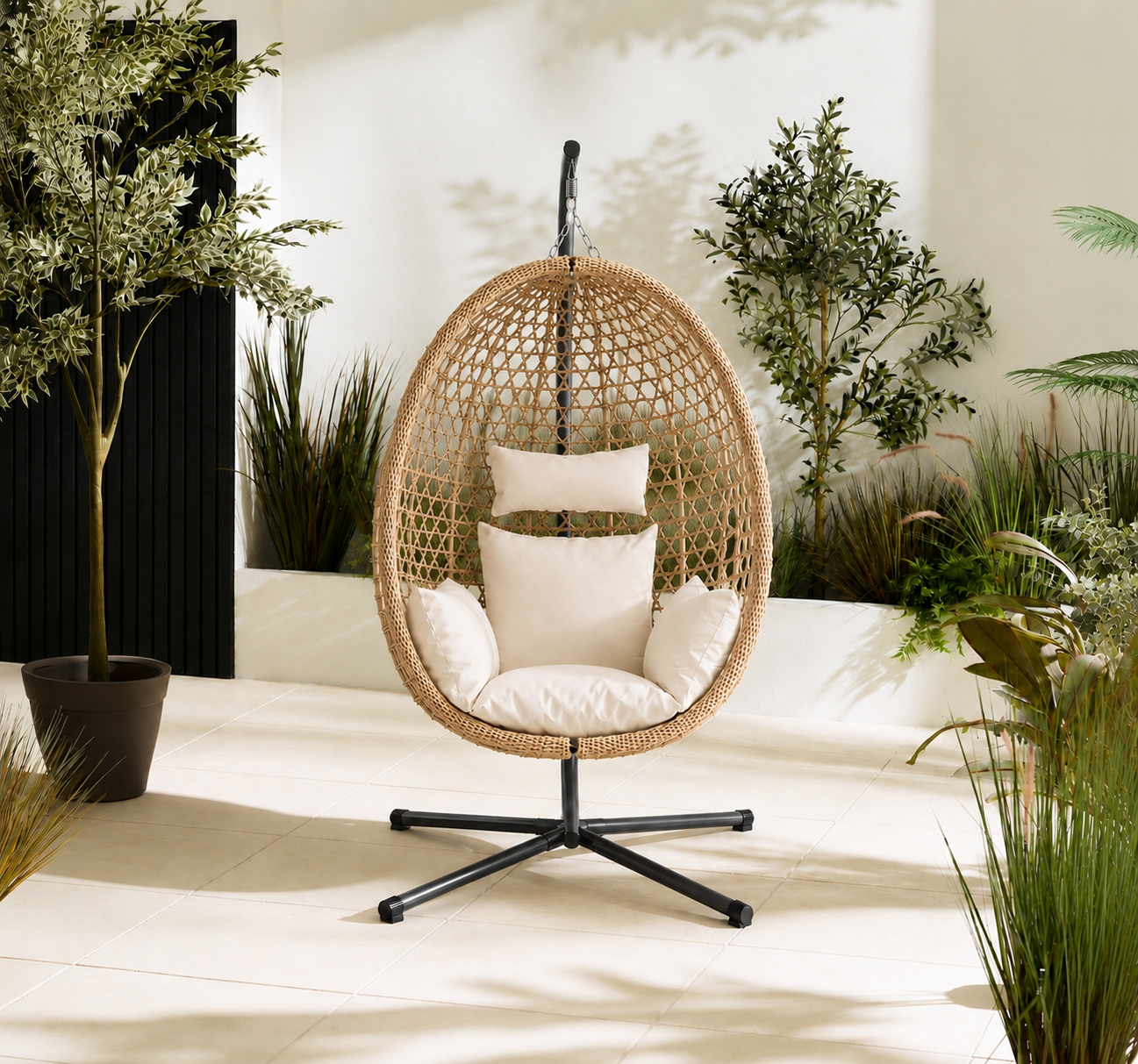 Egg Chair with Stand – Premium Beige Rattan Outdoor Hanging Garden Chair
