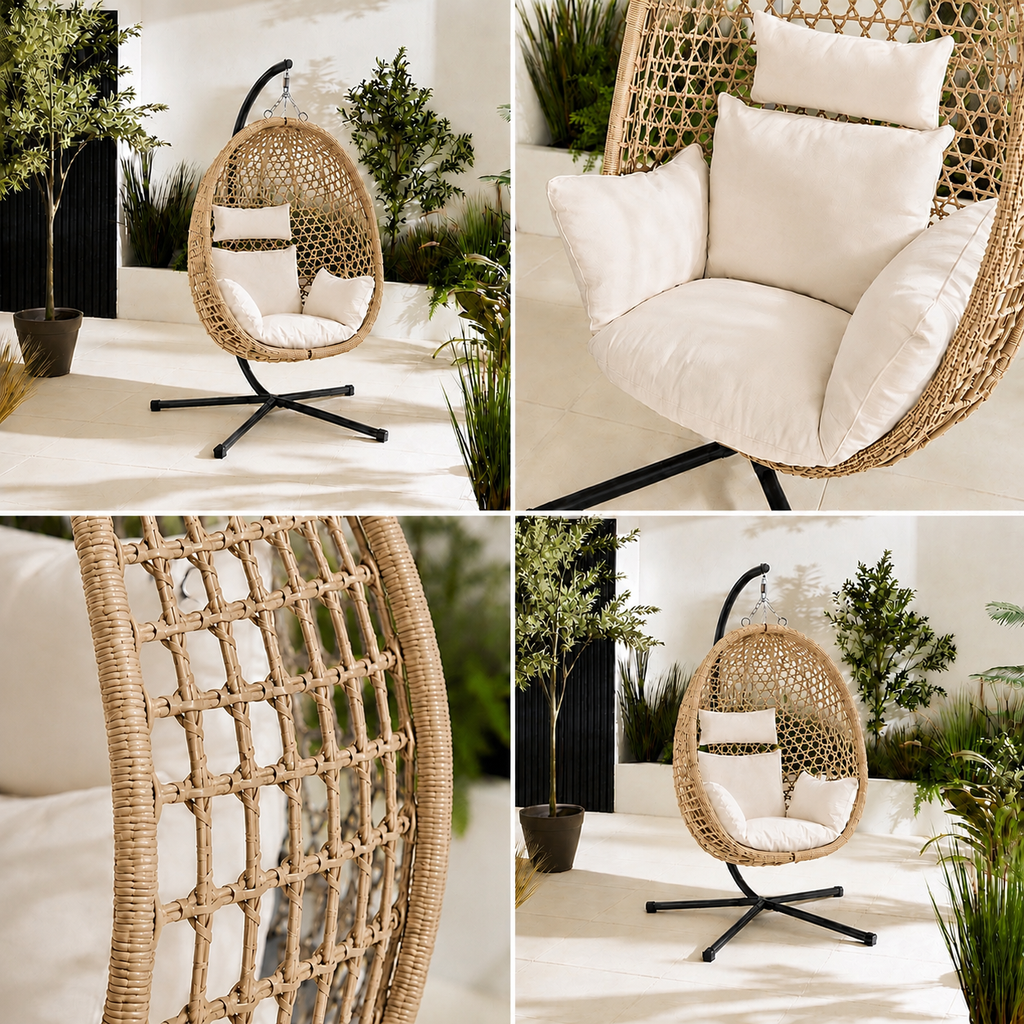 Egg Chair with Stand – Premium Beige Rattan Outdoor Hanging Garden Chair
