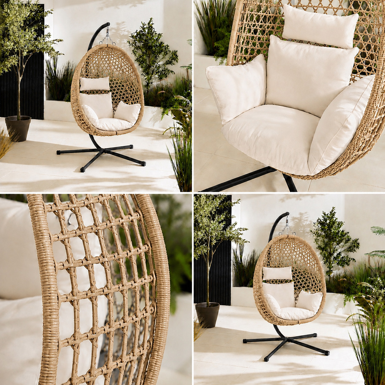 Egg Chair with Stand – Premium Beige Rattan Outdoor Hanging Garden Chair