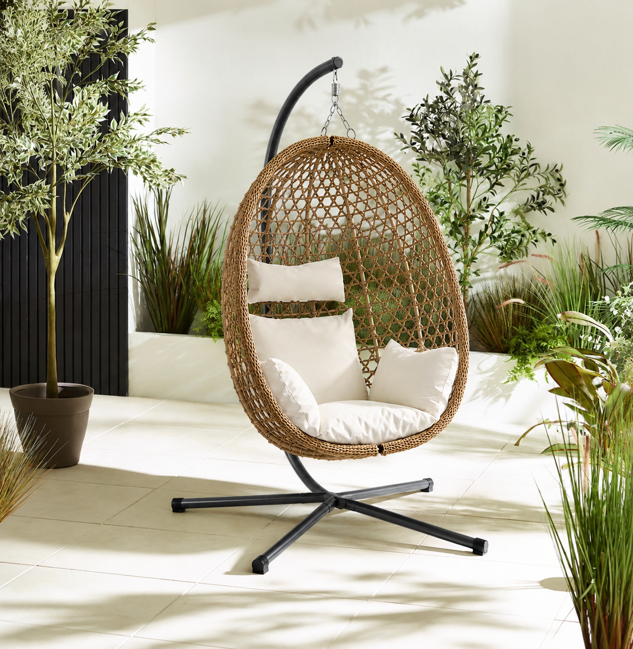 Egg Chair with Stand – Premium Dark Brown Rattan Hanging Garden Chair